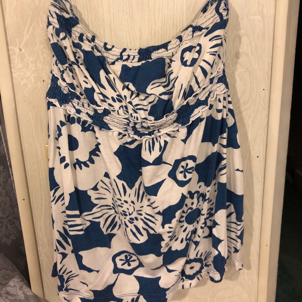 Strapless White & Blue Floral Blouse